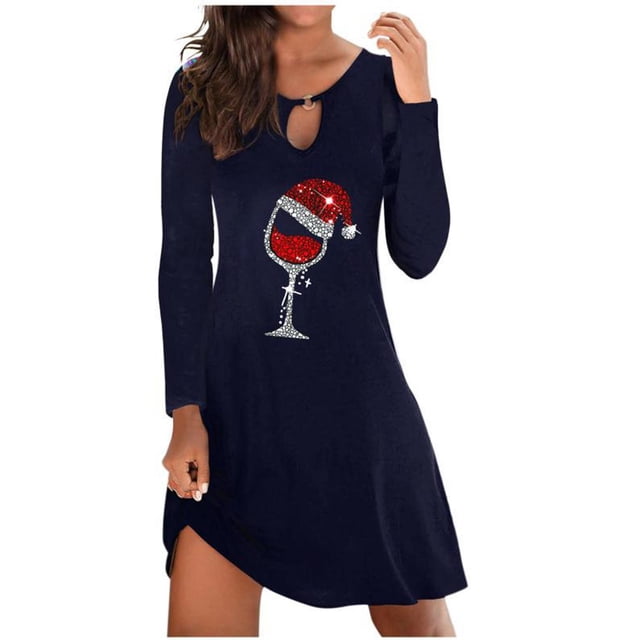 CEHVOM Robe Longue de Noël Aguichant pour Femmes avec Imprimé Verre de Vin