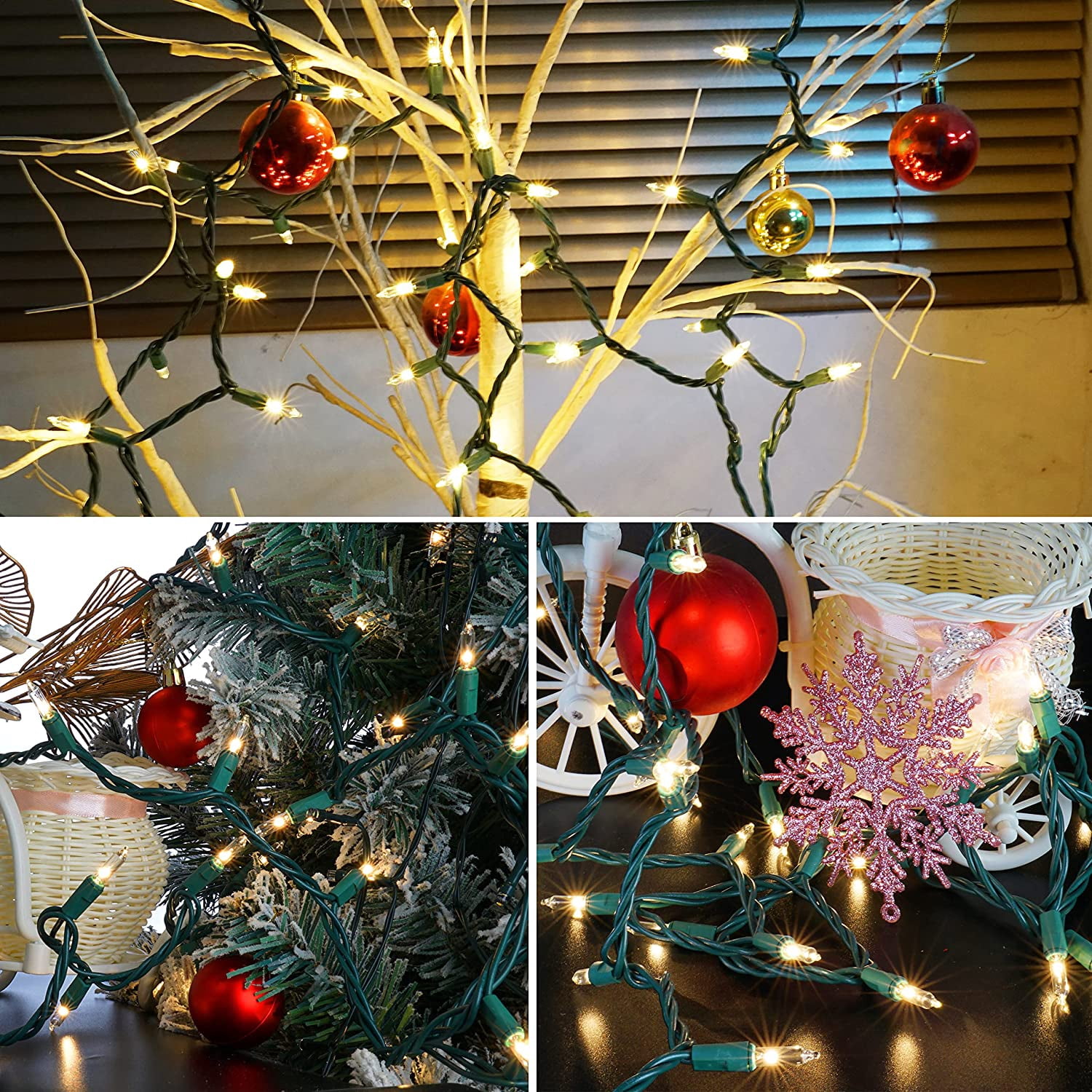Battery Operated Christmas Lights 33 ft 100 LED Green Wire Mini String Lights with 8 Modes & Timer Waterproof Tree Lights for Xmas Outdoor Indoor Holiday Party Garden Decor ,Warm White