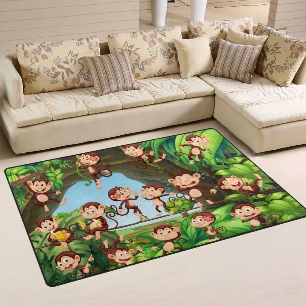 WellLee Animal Area Rug,Monkeys Playing The Forest Floor Rug Non-Slip Doormat for Living Dining Dorm Room Bedroom Decor 60x39 inch