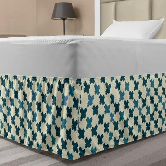 Geometric Bed Skirt, Continuous Art Pattern of Brushed Diagonal X Shapes Repetitive Design, Elastic Bedskirt Dust Ruffle Wrap Around for Bedding Decor, 4 Sizes, Cream and Dark Teal, by Ambesonne