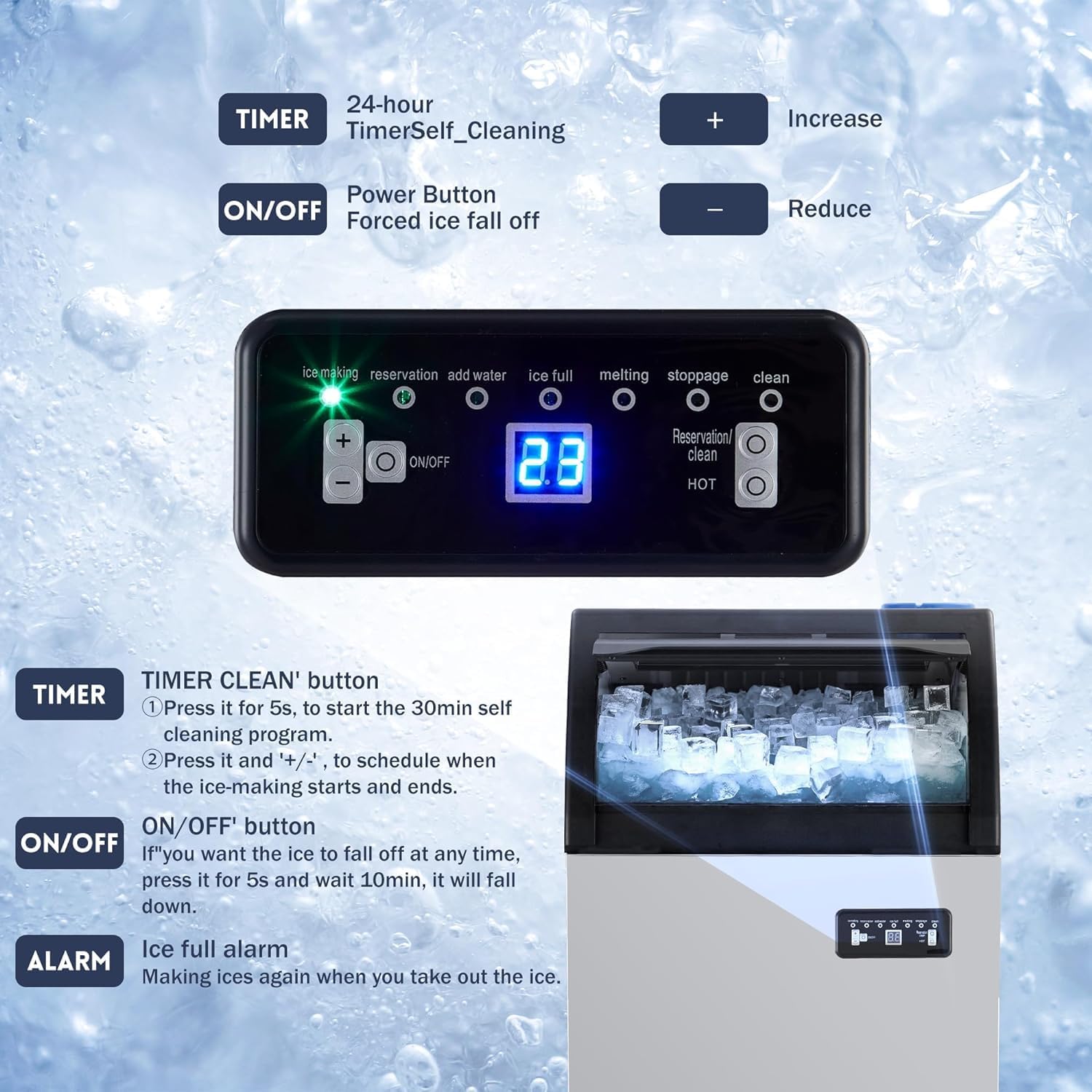 Litake Commercial Ice Makers Countertop, 120Lbs/24H Stainless Steel Ice Cube Maker Machine with Self Cleaning, for Home Kitchen Office Restaurant Bar, with Water Filter, Scoops, Drain Pipe