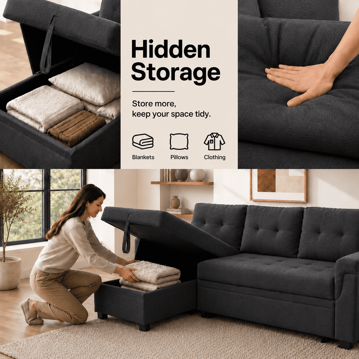 Naomi Home Living Room Collection L Shaped Velvet Convertible Sleeper and Storage Chaise Sectional Sofa with Sofa and Chaise, Dark Gray