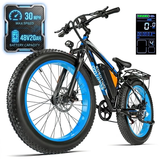 EOEOTWO 26x4.0 Fat Tire Electric Mountain Bike, Peak 1500W Motor Up to 30MPH, 48V 20Ah Long Range E-Mountain Bike, 7-Speed Off-Road Snow Ebike UL2849