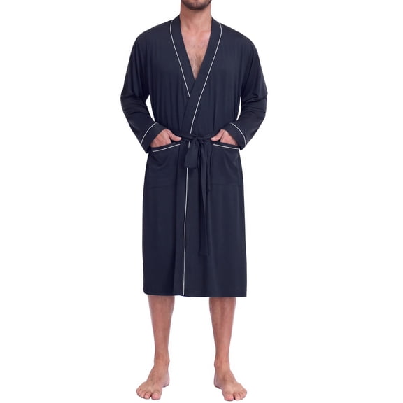 GIRUNS Men's Robe Lightweight Breathable Bathrobe Soft Bath Robe with Deep Pockets Navy Blue L/XL
