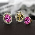 thumbnail image 3 of Gem Stone King 3.82 Ct Oval Pink Created Sapphire 18K Yellow Gold Plated Silver Earrings, 3 of 3