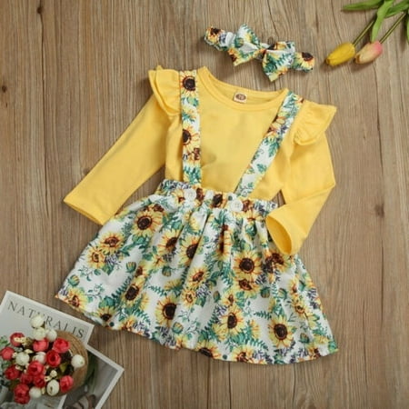 

3Pcs Princess Girl Clothes Baby Girl Ruffle Tops Sunflower Skirt Headband Outfits Clothes Set 0-3T