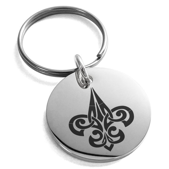Stainless Steel Tribal Fleur De Lis Engraved Small Medallion Circle Charm Keychain Keyring
