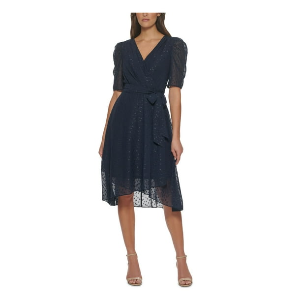 TOMMY HILFIGER Womens Navy Sheer Belted Pouf Sleeve Surplice Neckline ...