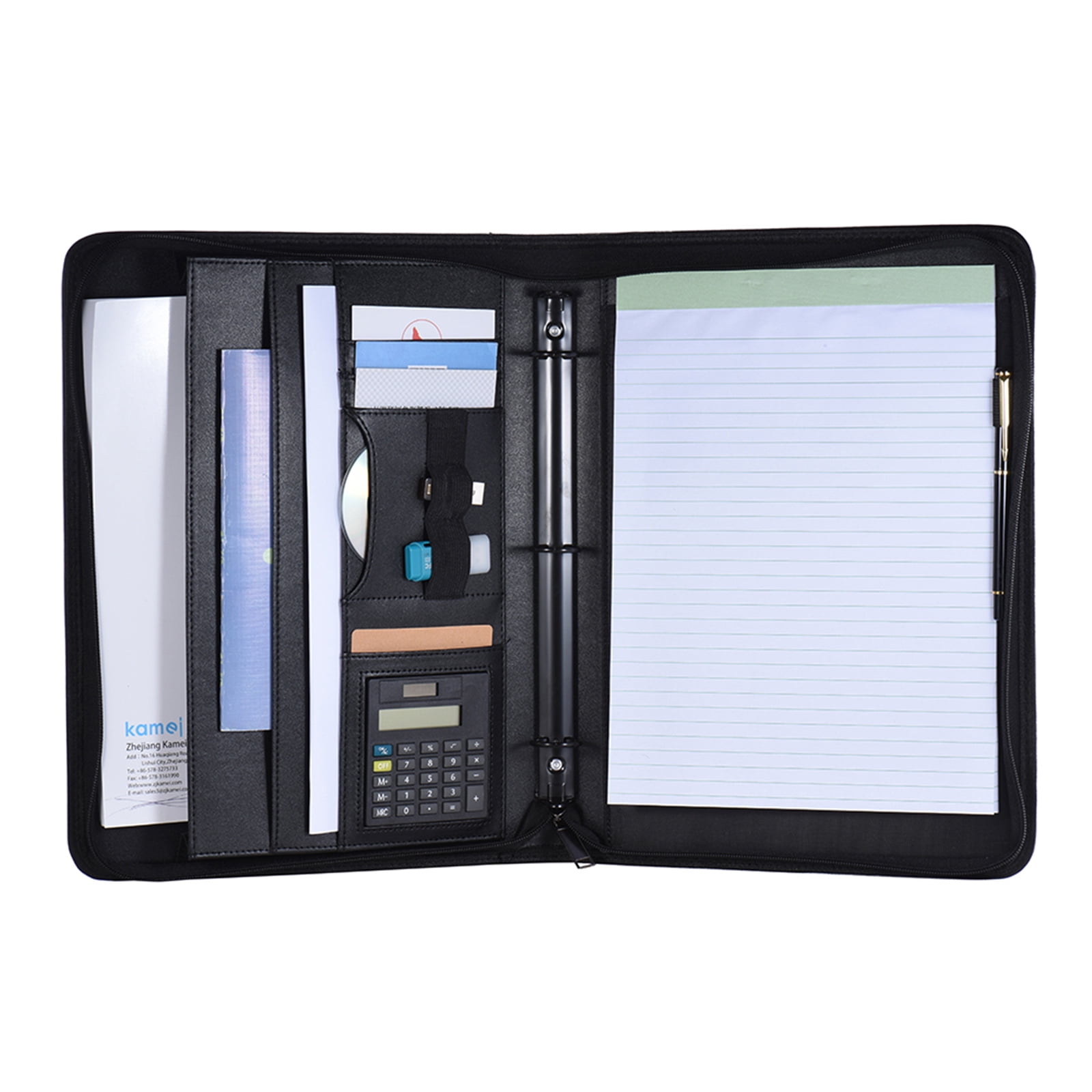 Multifunctional Professional Business Portfolio Padfolio Folder Document  Case Organizer A4 PU Leather Zippered Closure Loose- Loop with Calculator