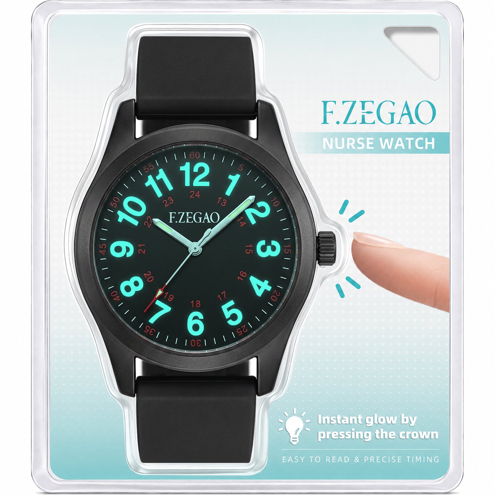 F.ZEGAO Press-to-Glow Nurse Watch for Women and Men, 5ATM Waterproof Analog Watch with 24 Hour Military Time, Easy-to-Read Dial, Black