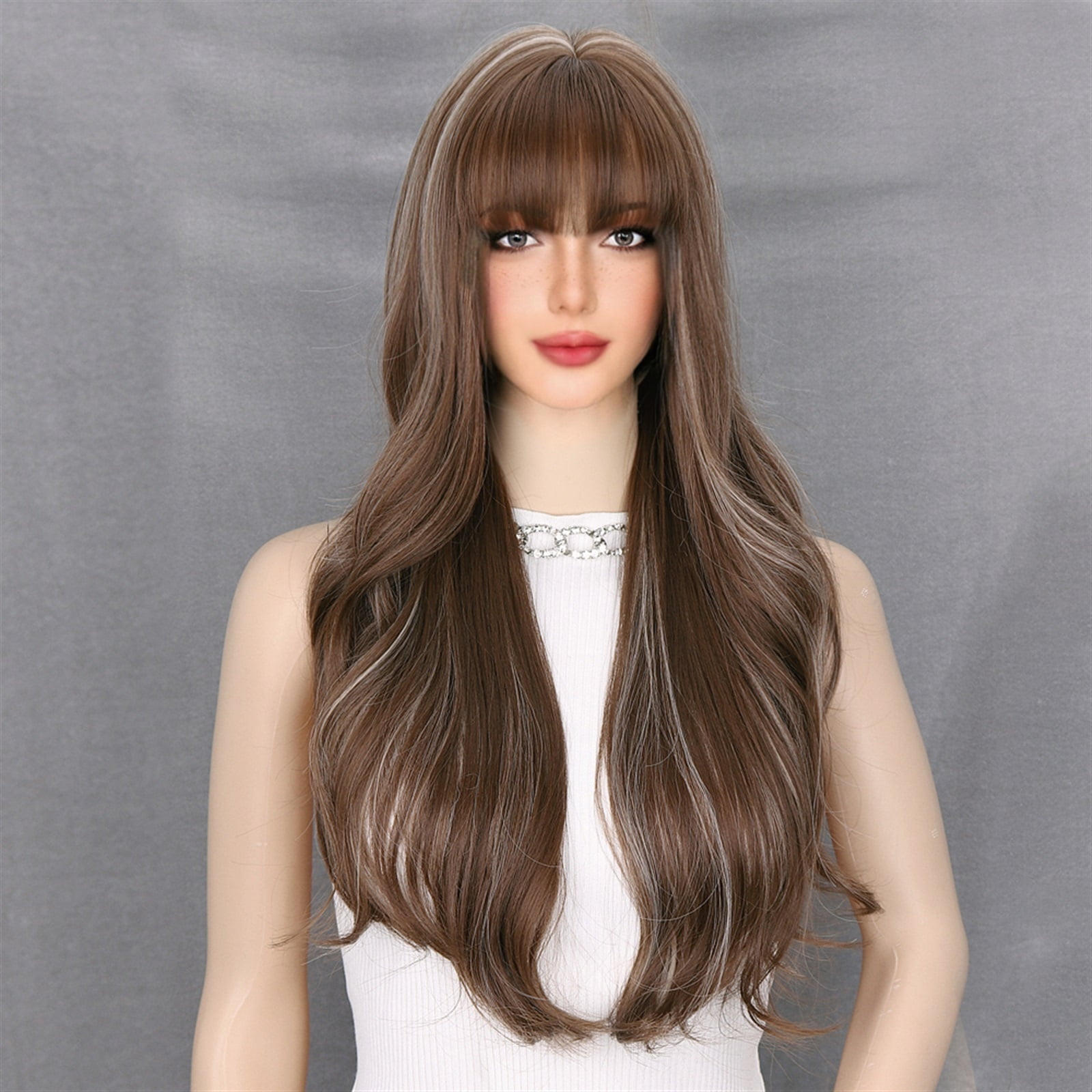 Long Brown Mixed Blonde Natural Wavy Wig Synthetic Wigs with Bang for Women Daily Cosplay Use Heat Resistant Hair