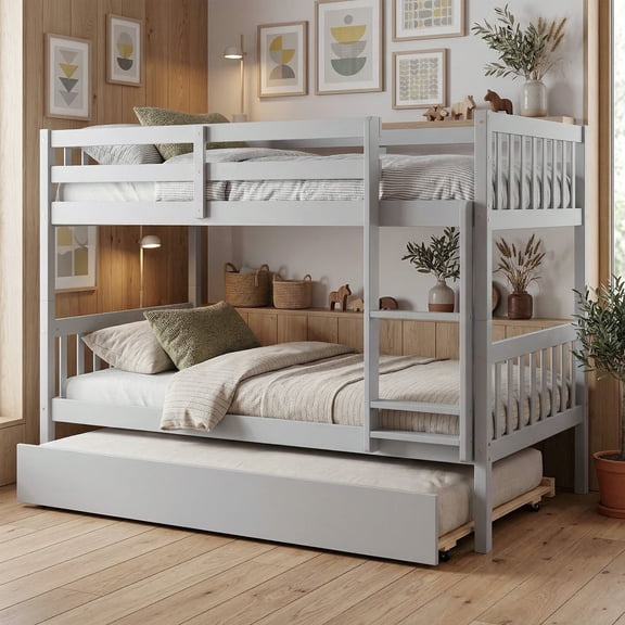 VECELO Bunk Bed with Trundle,Twin Over Twin Bunk Beds with Sided Ladder and Full-Length Guardrail, Heavy Duty Wood Bunk Bed Built-in Ladder, Grey