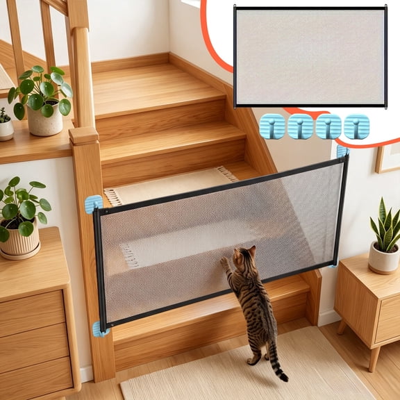 Pet Fence No Drilling with 4 Hooks Anti-Climb Mesh and Pet Door for Staircase Doorway Entrance