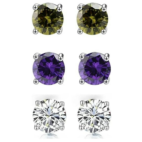 Paris Jewelry 18k White Gold Plated 1/2Ct Created Peridot, Amethyst & White Sapphire 3 Pair Round Stud Earrings