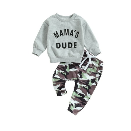 

Qtinghua 2Pcs Toddler Baby Boys Fall Winter Clothes Long Sleeve Letter Print Sweatshirt and Camouflage Pants Set Gray 18-24 Months