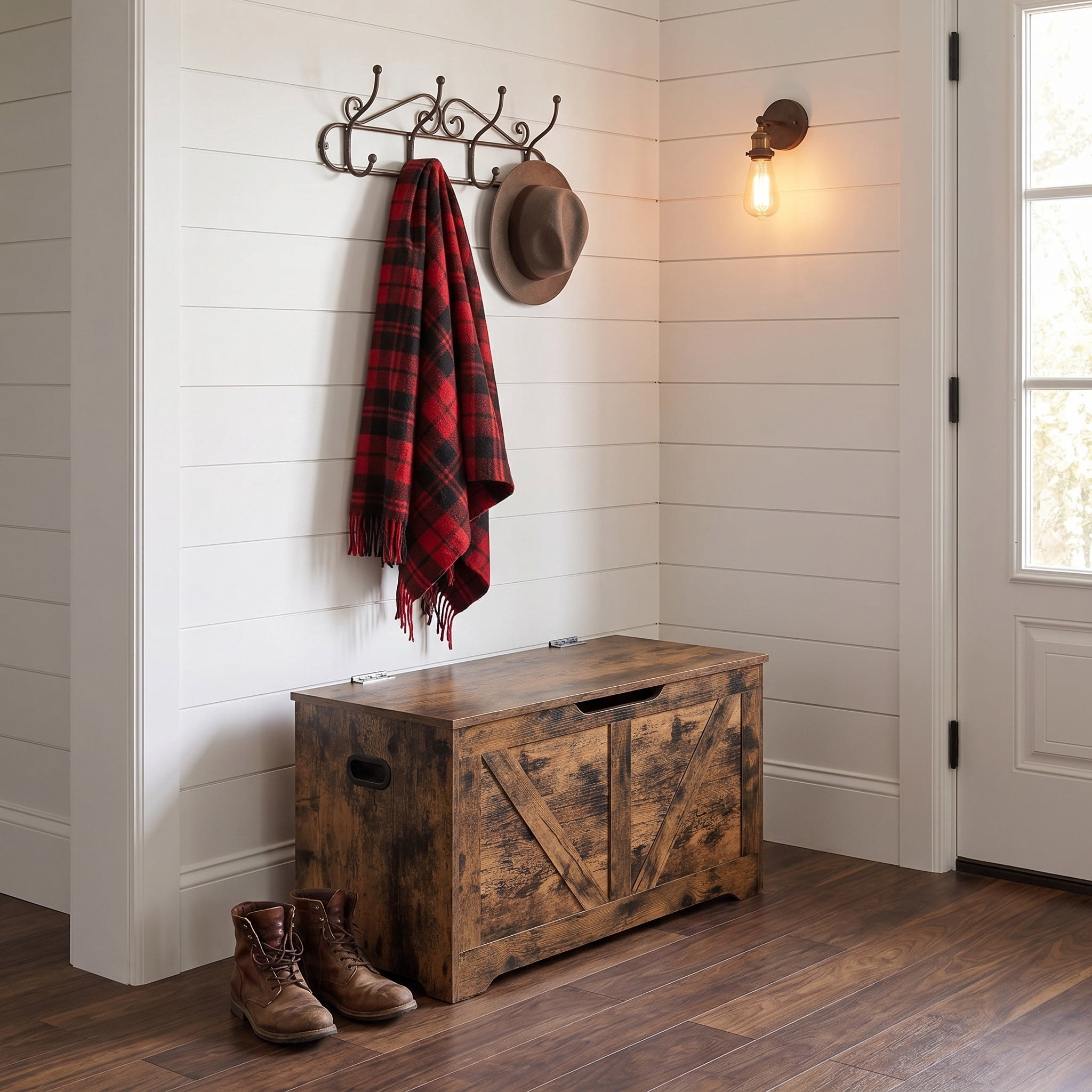 Nordic Hygge Rustic Brown Farmhouse Storage Chest with 2 Safety Hinges