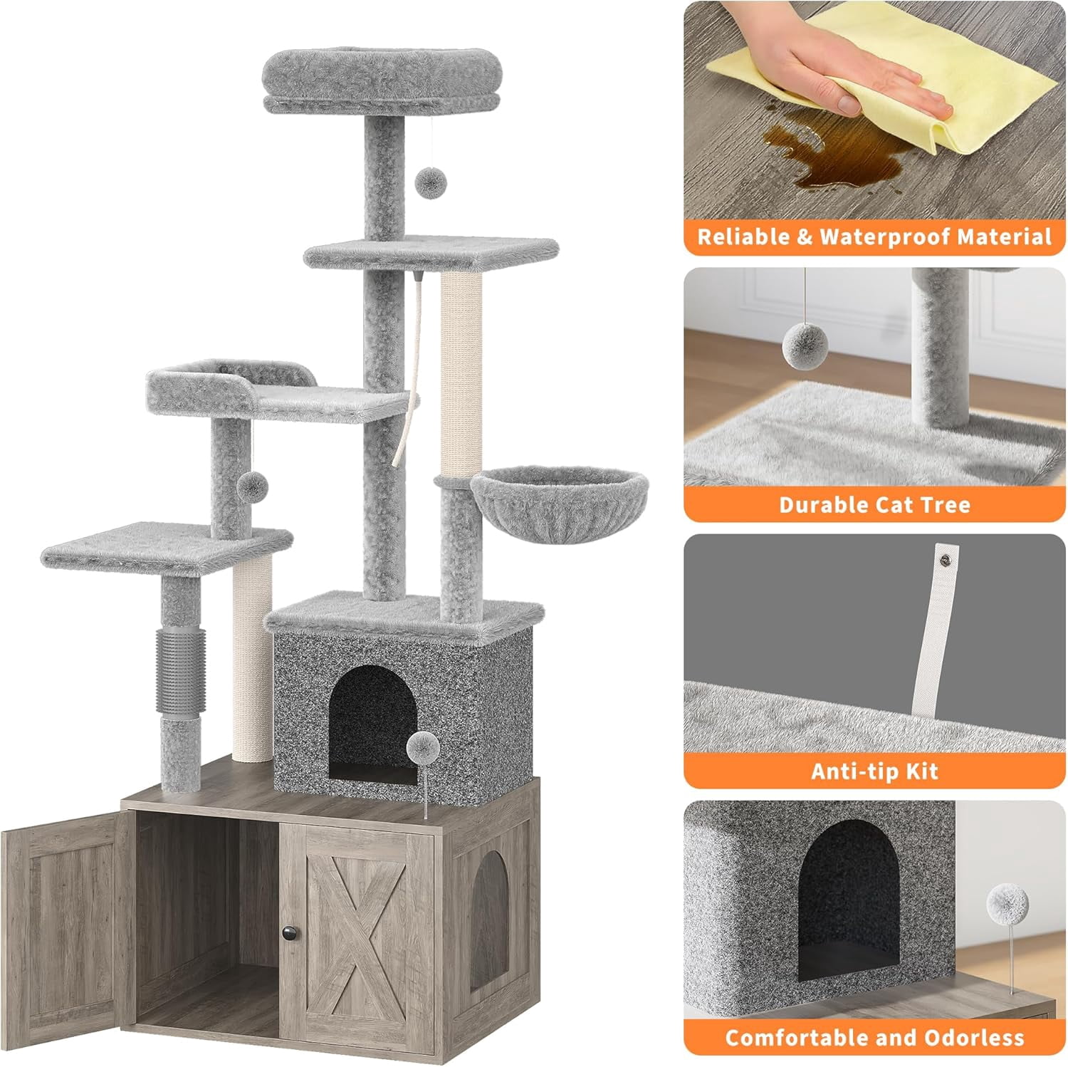 Cat Tree with Litter Box Enclosure, 2-in-1 Modern Cat Tower with Scratching Posts, Multiple Platform and Large Condo, Multilevel Indoor Kitten House, Grey