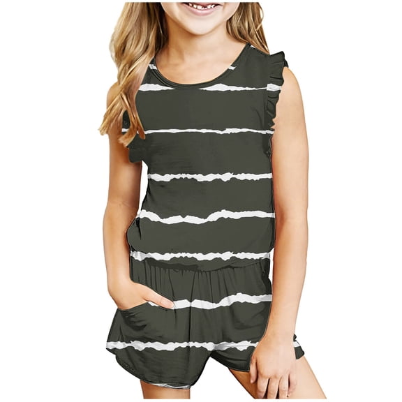 Odeerbi Kids Boys Girls 2 Piece Outfits Summer Striped Tank Tops Shorts Set Casual Sleeveless Blouse Printed Shorts Sets Gray