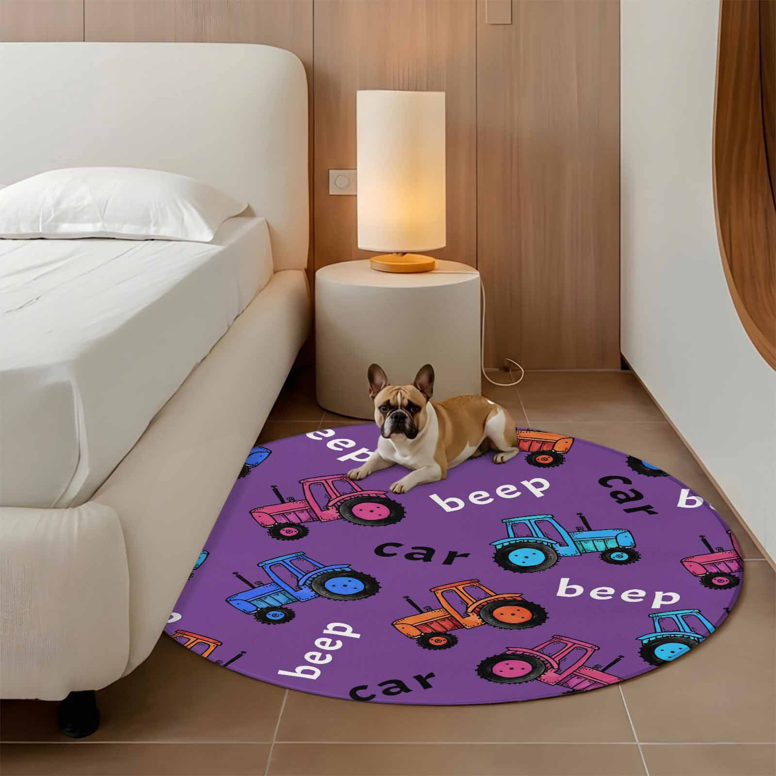 Cartoon Tractor Round Area Rug 7Ft Washable Circle Rugs for Dorm Laundry Room, Cute Beep Car Digger Shovel Truck Purple Non-Slip Carpet Floor Mats Indoor Outdoor Carpet Runner Aesthetic Home Decor
