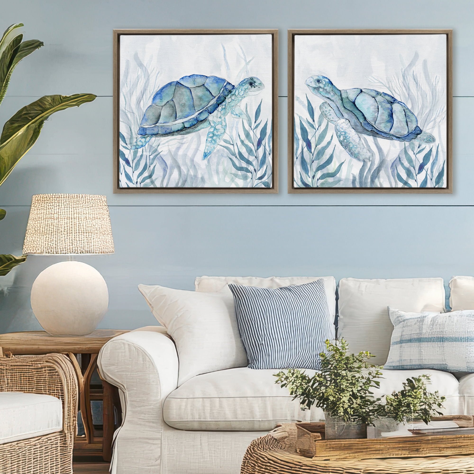 Stupell Industries Subtle Smiling Sea Turtles 2 Piece Brown Framed Floater Canvas Set, design by Janet Tava