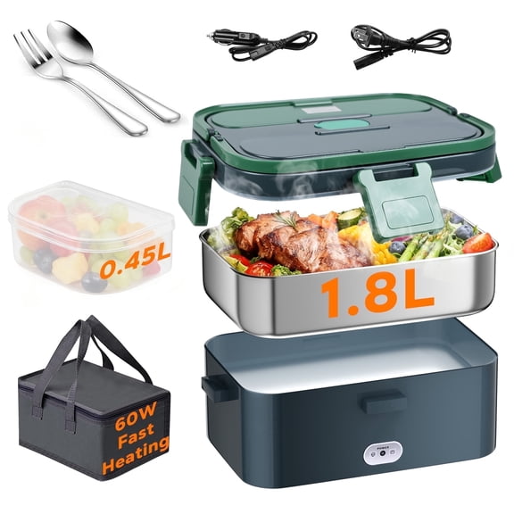 Riousery Electric Lunch Box 1.8L, 60W Portable Food Heater for Car/Truck and Home, Stainless Steel with Fruit Box, Gray Green