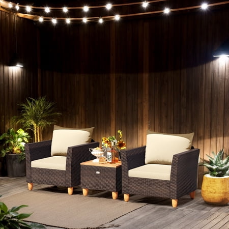 YYAo Patio Seating Sets Outdoor Conversation Sets 3 Pieces Patio PE Wicker Furniture Set with Cushions and Acacia Wood Storage Coffee Table-Beige