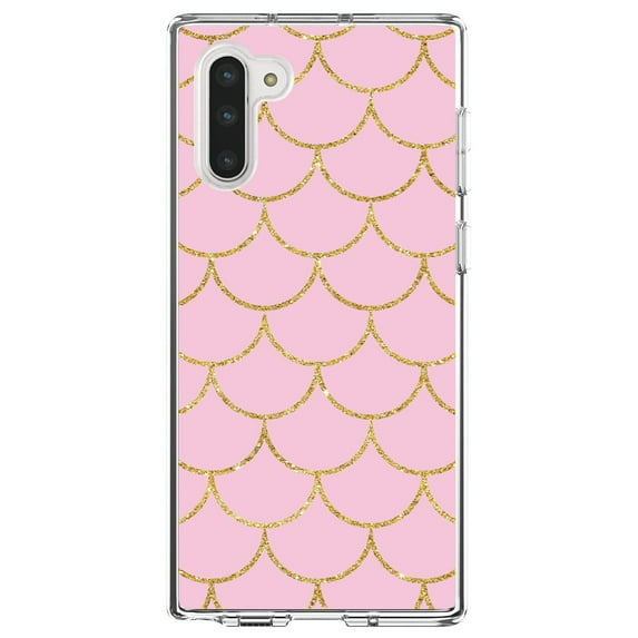 DistinctInk Clear Shockproof Hybrid Case for Samsung Galaxy Note 10 (6.3" Screen) - TPU Bumper, Acrylic Back, Tempered Glass Screen Protector - Pink & Gold Print - Scalloped Pattern