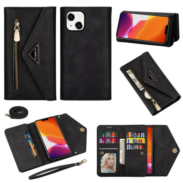 For iPhone 13/14 6.1" Wallet Case,Women/Men A Multi-Card Slot Card Holder Premium Folio Flip Leather Protective Zipper Pocket Purse Wallet Case With Hand Strap and Shoulder Strap Case