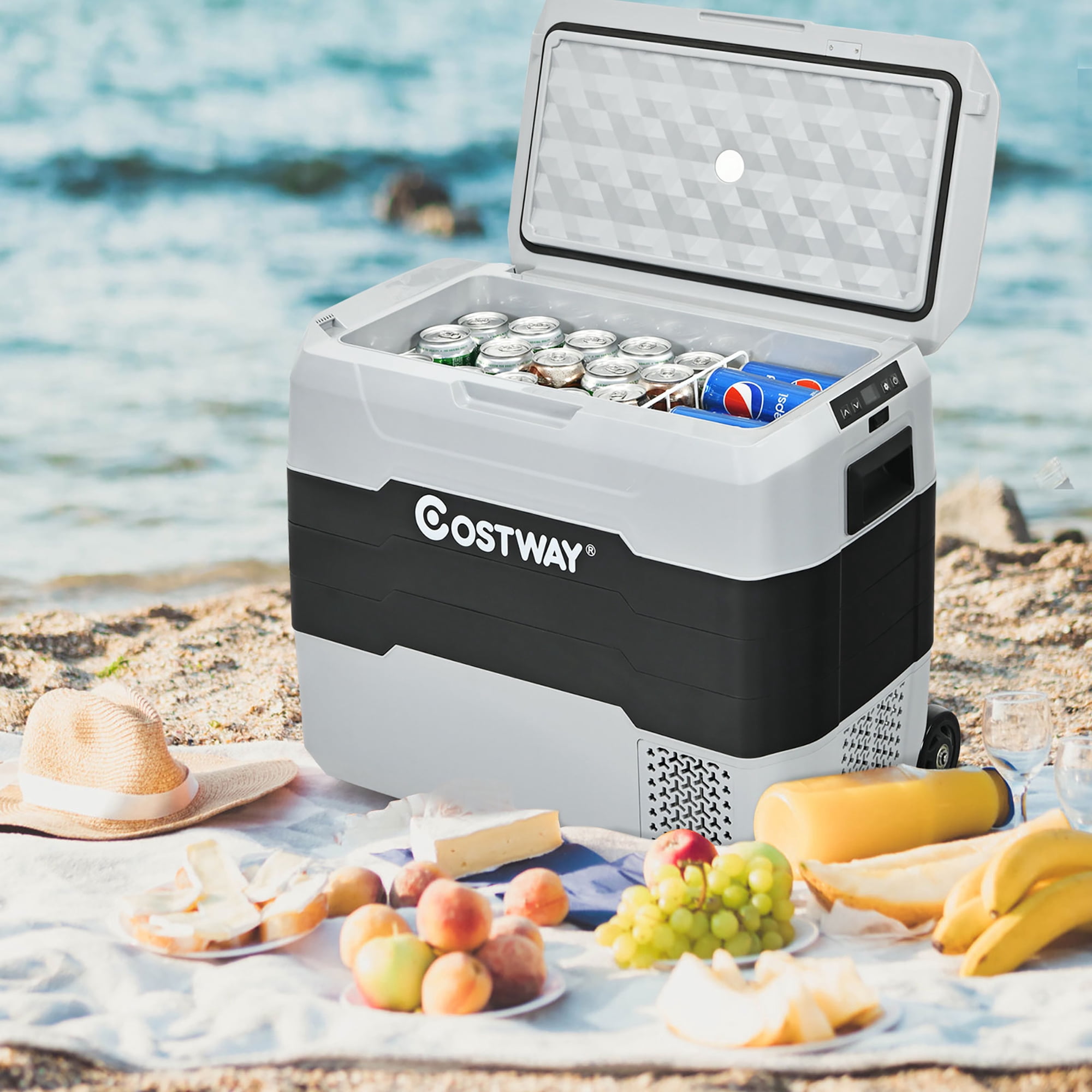 Costway 53 QT Portable Car Refrigerator Dual-Zone Car Cooler for RVs Gray