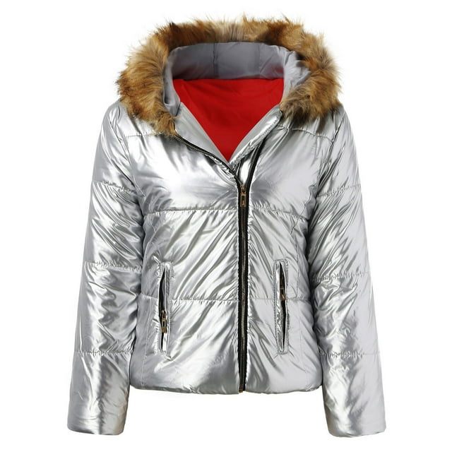 LUXUR Manteau à Capuche pour Femmes Veste Épaisse à Manches Longues Argent 3TG