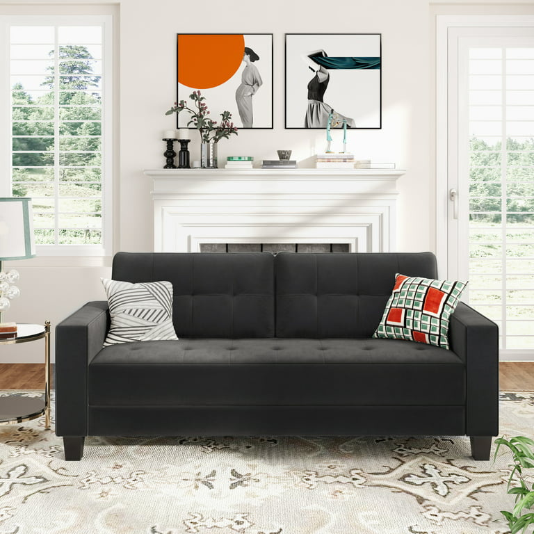 Living Room Sofa Seater Sofa, Modern Velvet Sofa Couch, Plywood Frame  3-Seater Sofa Couch for Living Room, Black