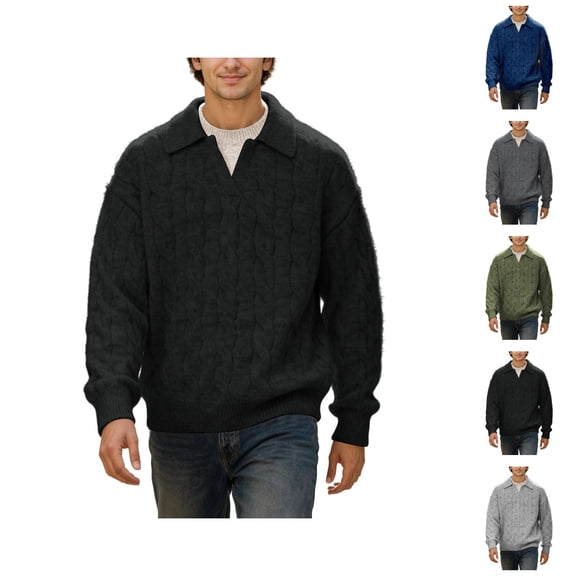 Polo Sweater Men Long Sleeve Vintage Casual V Neck Lapel Collar Cable Knit Pullover Sweaters Fall Winter Clothes