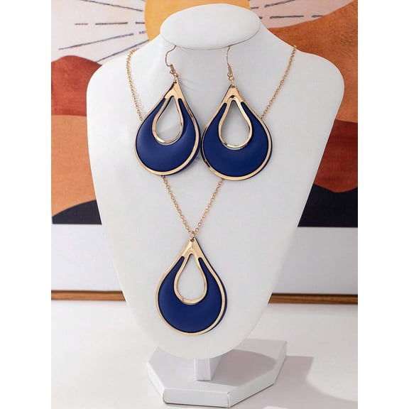 Royal Blue Teardrop Fashion Jewelry Set: Earrings & Pendant Necklace
