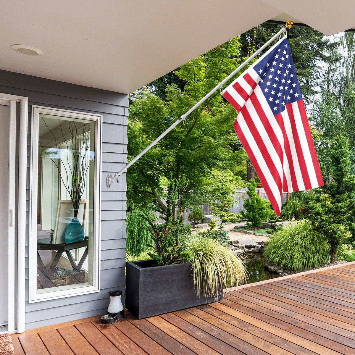 5' Wood Flag Pole Kit Wall Bracket With 3x5 USA 35 Star Linear Polyester Flag 