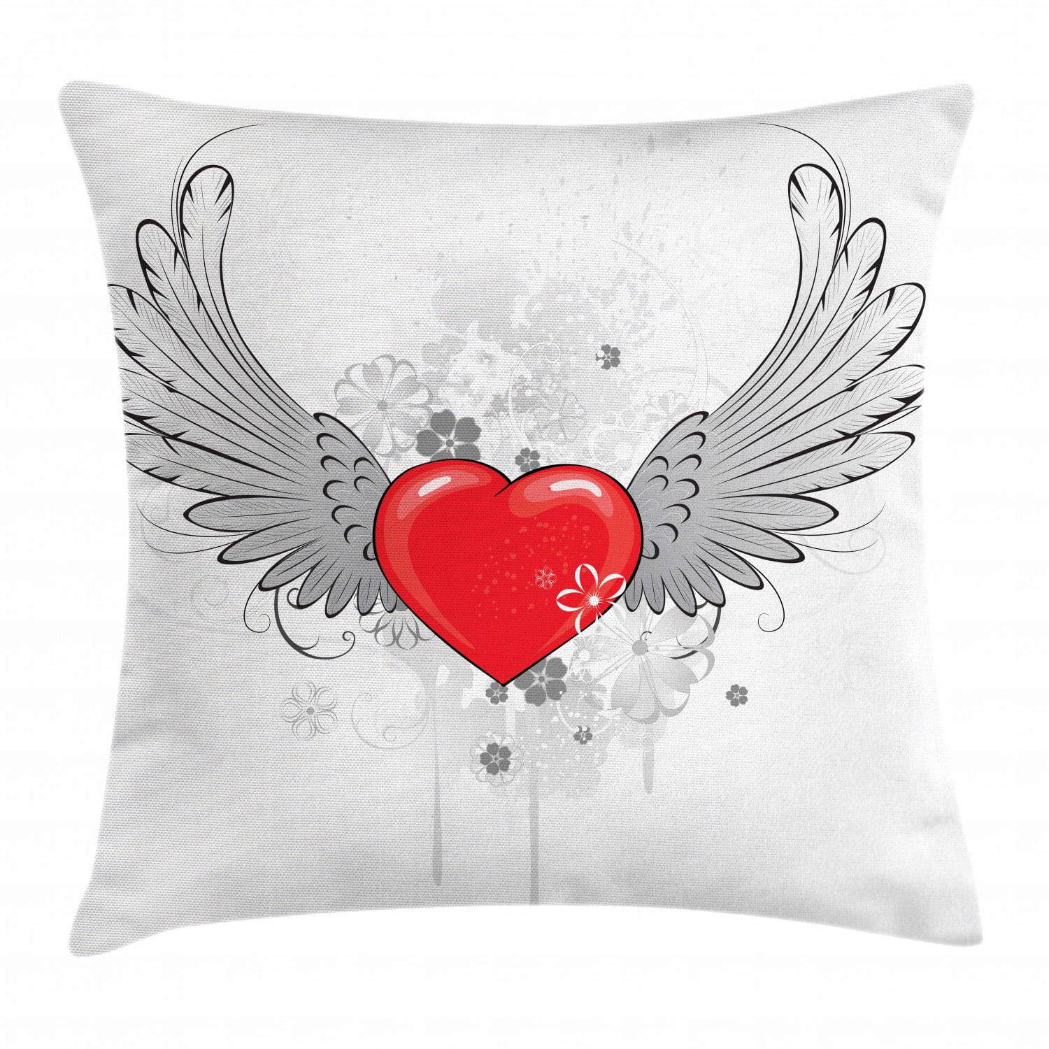 Angel Wings Throw Pillow Cushion Cover, Wings with Heart Valentines Day