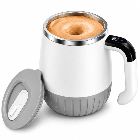 QOPR Self Stirring Coffee Mug with Handle, Automatic Electric Mixing Cup with Lid, Stainless Steel Battery Powered, White & Grey