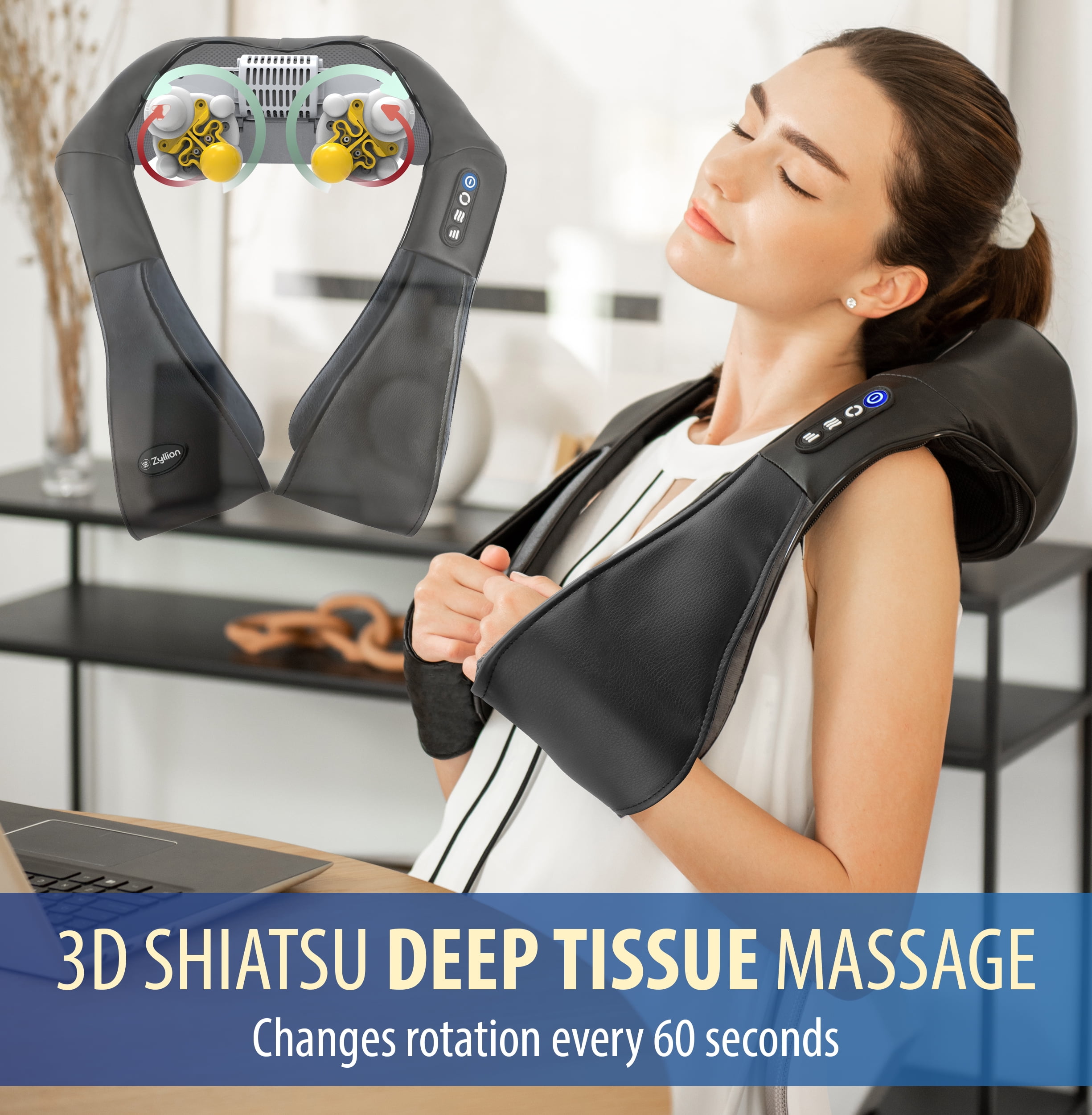 Zyllion Rechargeable Shiatsu Neck & Back Massager 3D Kneading Deep Tissue Massage with Heat for Muscle Pain, Black