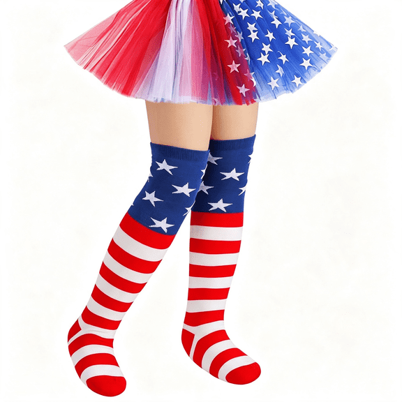 TELOLY Boys-Girls-Knee-High-Socks Novelty-Stripes-Solid-Socks Solid Child 7-12Y 4Th of July Socks Kids
