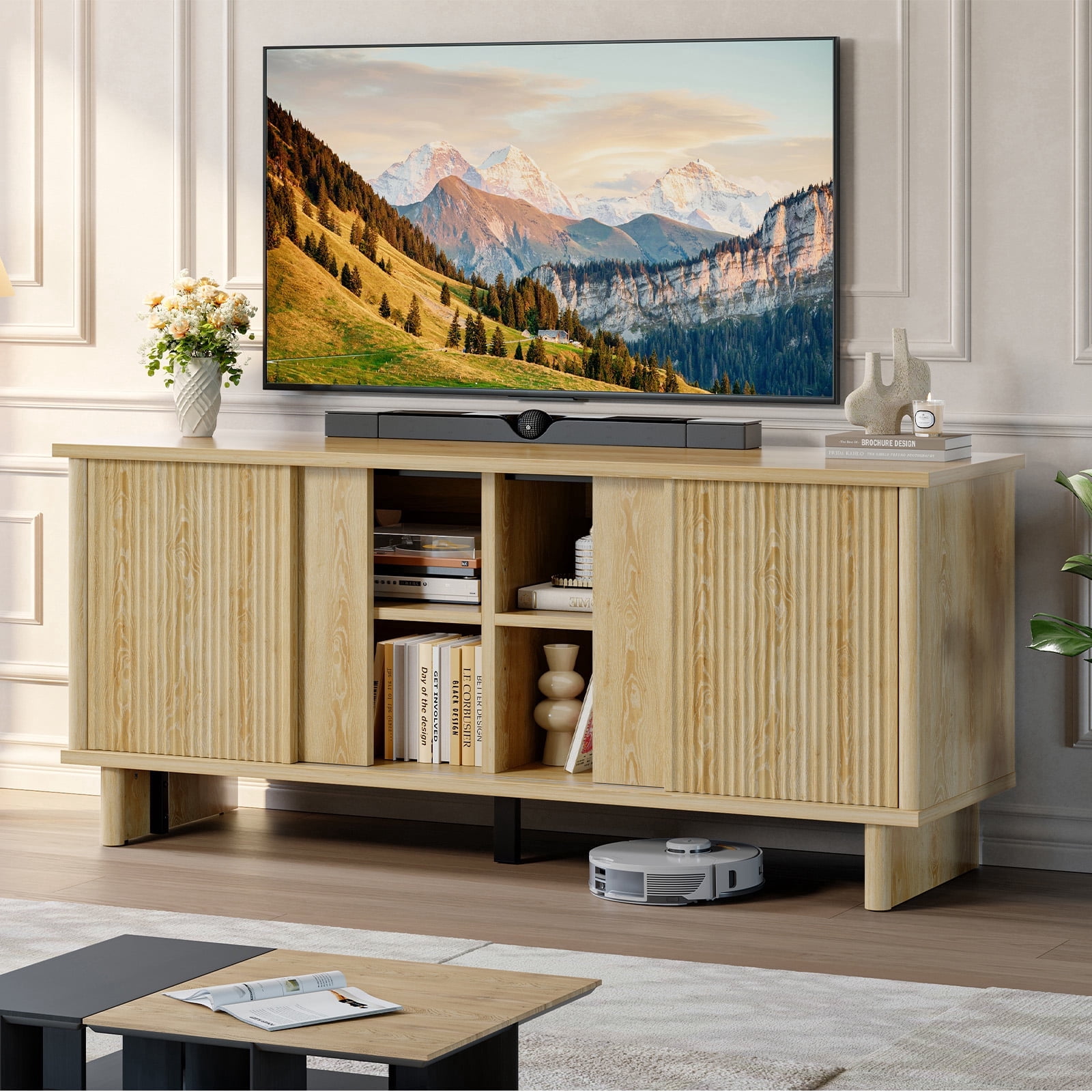 Bestier Fluted TV Stand for 65 inch TVs,Entertainment Center with 4-Sliding Doors,Height Adjustable Shelves,Media Console Table with Cable Management, TV Cabinet for Living Room,Natural Oak