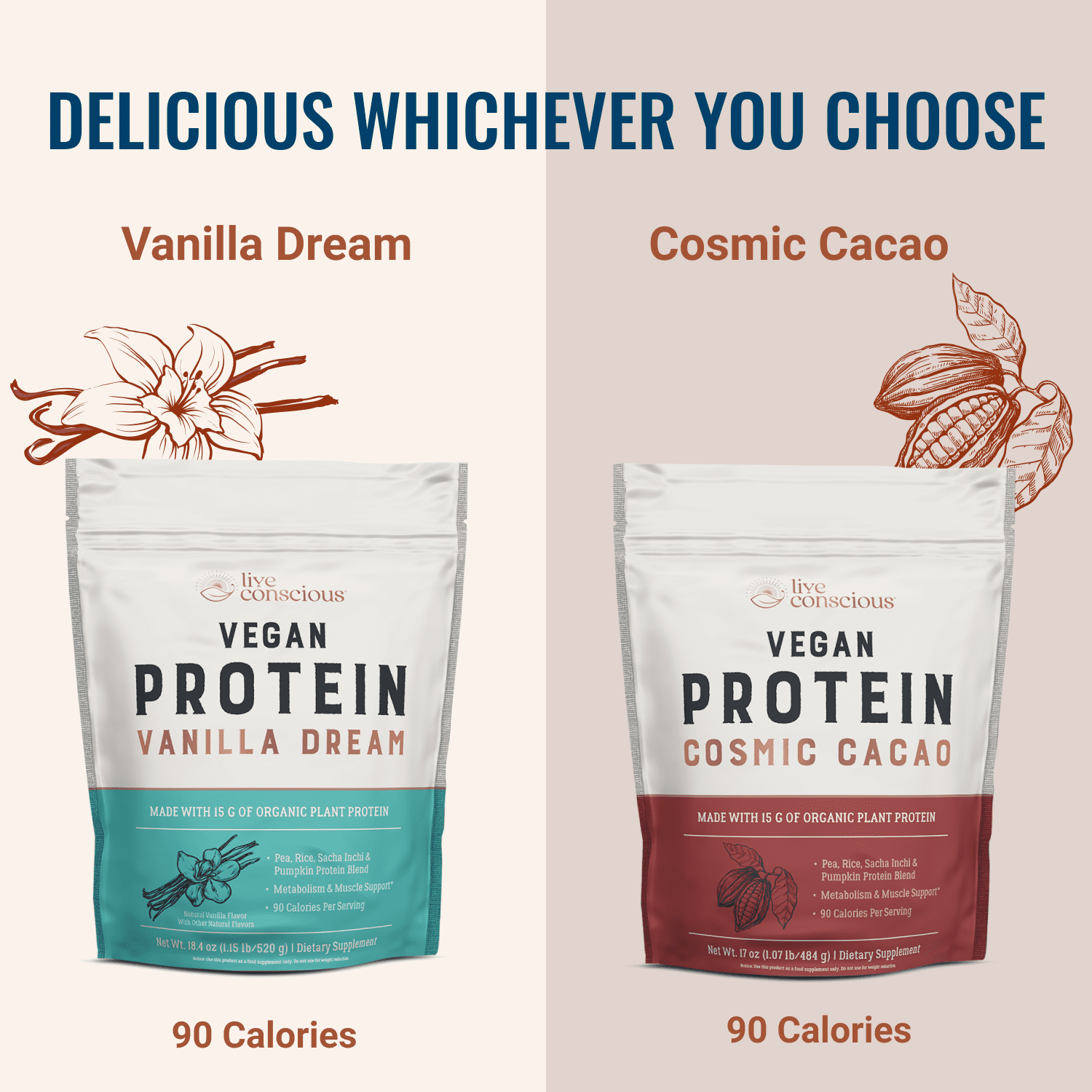 Live Conscious Pea Protein Powder, Cosmic Cacao Chocolate, Pea Brown Rice Pumpkin & Sacha Inchi Blend, 20 Servings