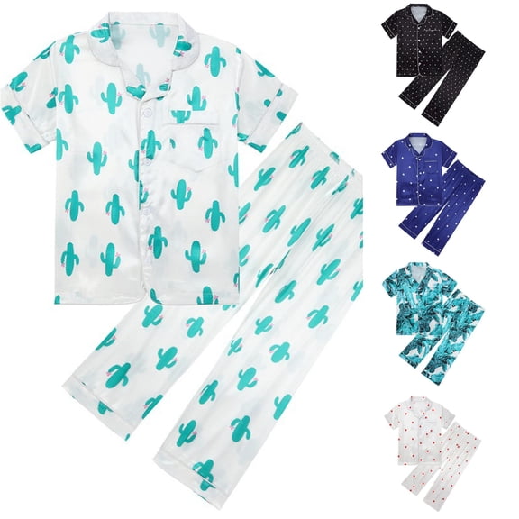 XIYON Girls Pajamas Set Kids Toddler Heart Print Short Sleeve Button Up Pjs With Pants Sleepwear Outfits Nightwear 11-12 Years