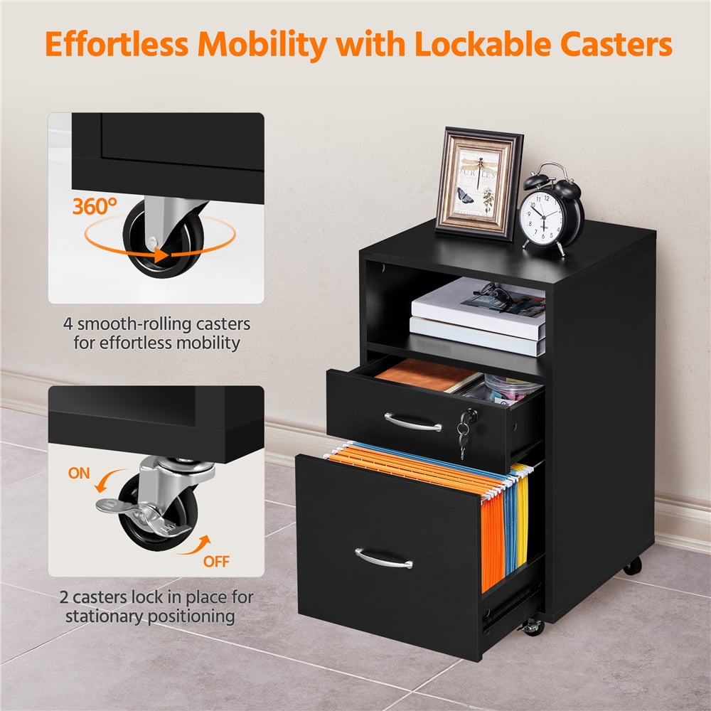 Yaheetech 2-Drawer Wooden Vintage File Cabinet with Wheels for Home and Office, Black