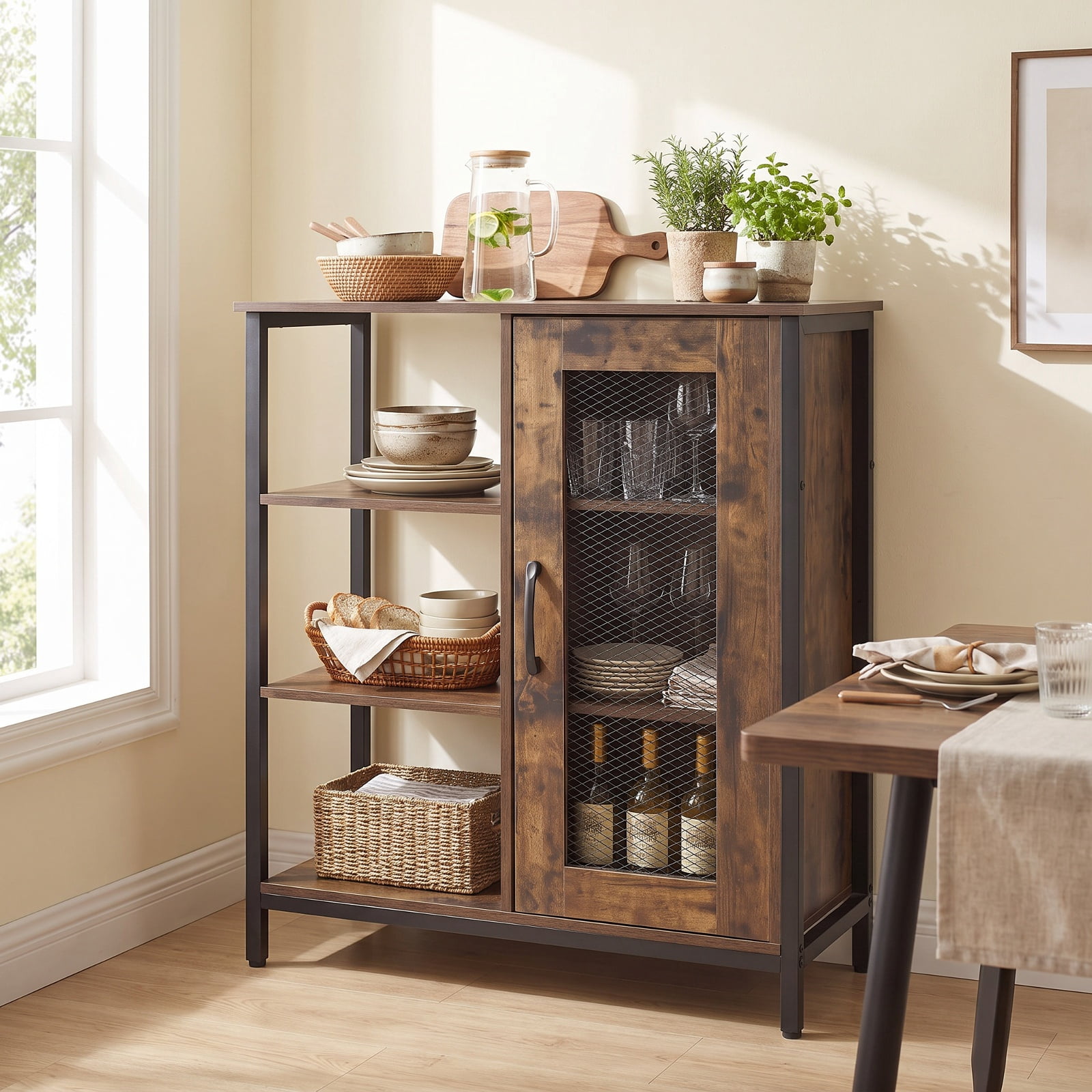 Furnibear Industrial Side Cabinet with Metal Mesh Door and 3 Open Shelves Narrow Storage Buffet Sideboard for Kitchen and Living Room, Rustic Brown