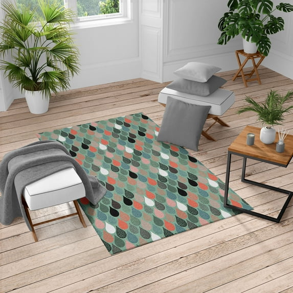 Geometric Turkish Area Rug, Raindrops Doodle Style Creative Leaf Shaped Colorful Girls Theme, Soft Carpet for Living Room Decor with Distressed Look, 6.6' X 9.6', Salmon, by Ambesonne