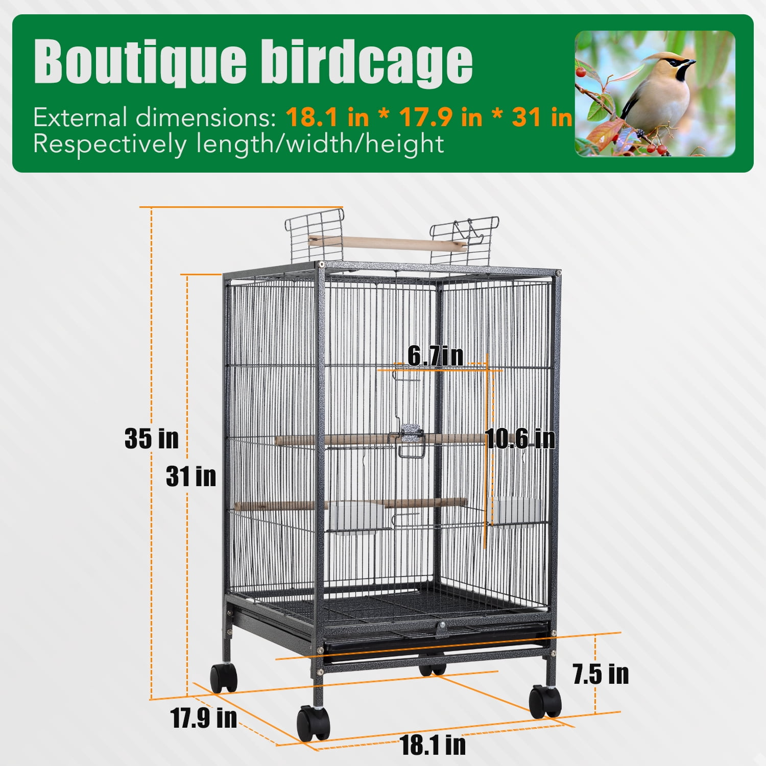 YRLLENSDAN 35in Bird Cage, Parrot Cage Wide Bird Cage with Play Open Top & Rolling Stand Parakeet Cage for Birds Parrots Parakeets