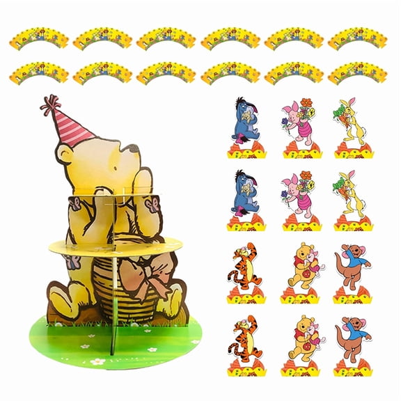 Winnie the Pooh Party Supplies Set, 3 Tier Winnie Cake Stand with 12 Cupcake Wrappers & 12 Winnie the Pooh Cupcake Toppers, Winnie the Pooh Cake Holder Dessert for Cartoon Themed Party