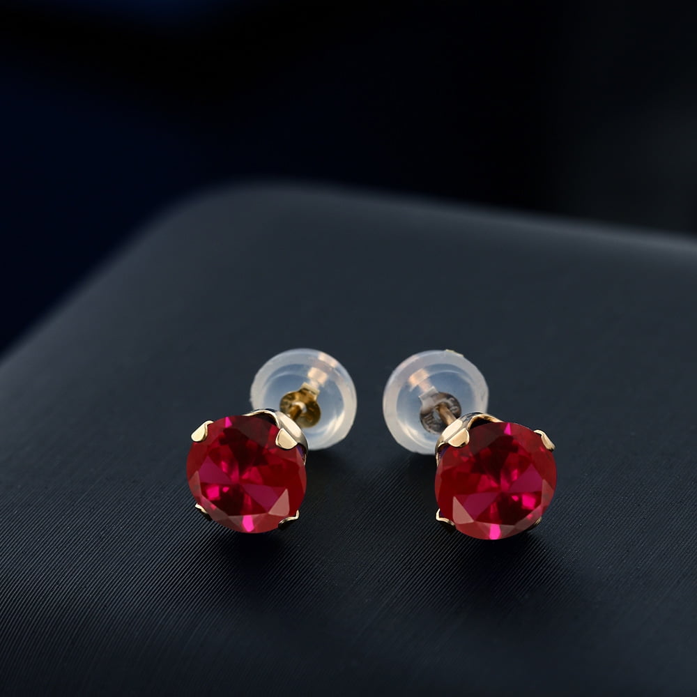 Gem Stone King 10K Yellow Gold Red Created Ruby Stud Earrings for Women Men | 2.00 Cttw | Round 6MM | Fine Jewelry Gifts for Her Mom Women Wife