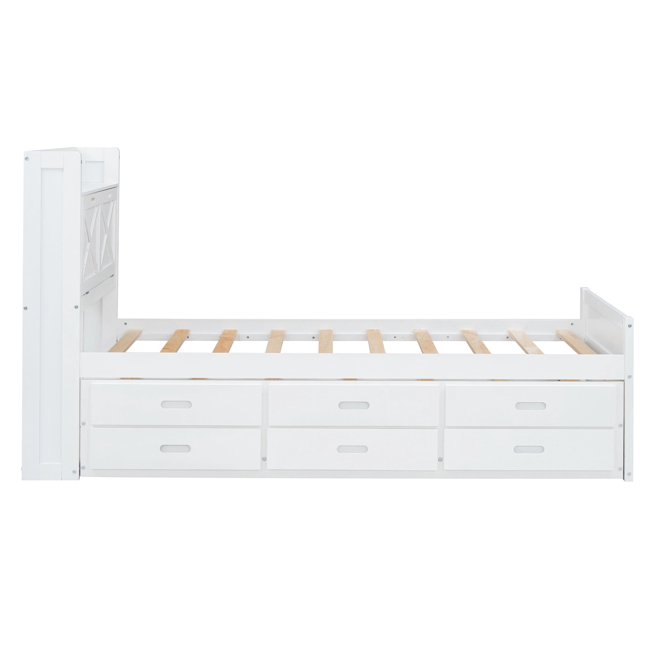 Noble House Twin Size Wooden Bed with Trundle, Drawers, Storage Headboard and Outlets, White