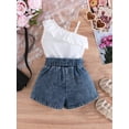 thumbnail image 5 of BemeyourBBs Toddler Baby Girls Summer Outfits Denim 2 Pieces Outfit Baby Girl Summer Clothes Sleeveless One Shoulder Ruffle Tank Vest Tops and Jeans Shorts Set with Belt, 5 of 9