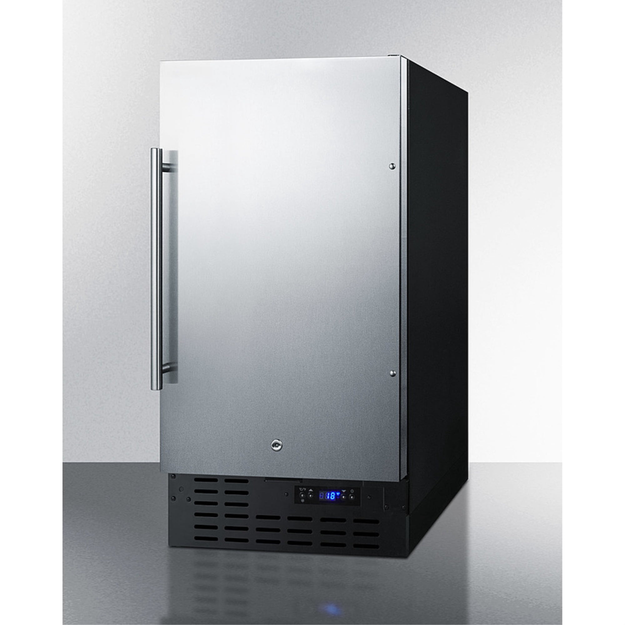 18" wide built-in undercounter manual defrost crescent icemaker with stainless steel door; no drain required